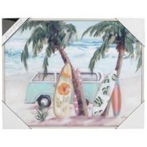 🆕 Beach Life Retro Van & Surf Boards on the Beach 28"x24" Framed Canvas Art NWT